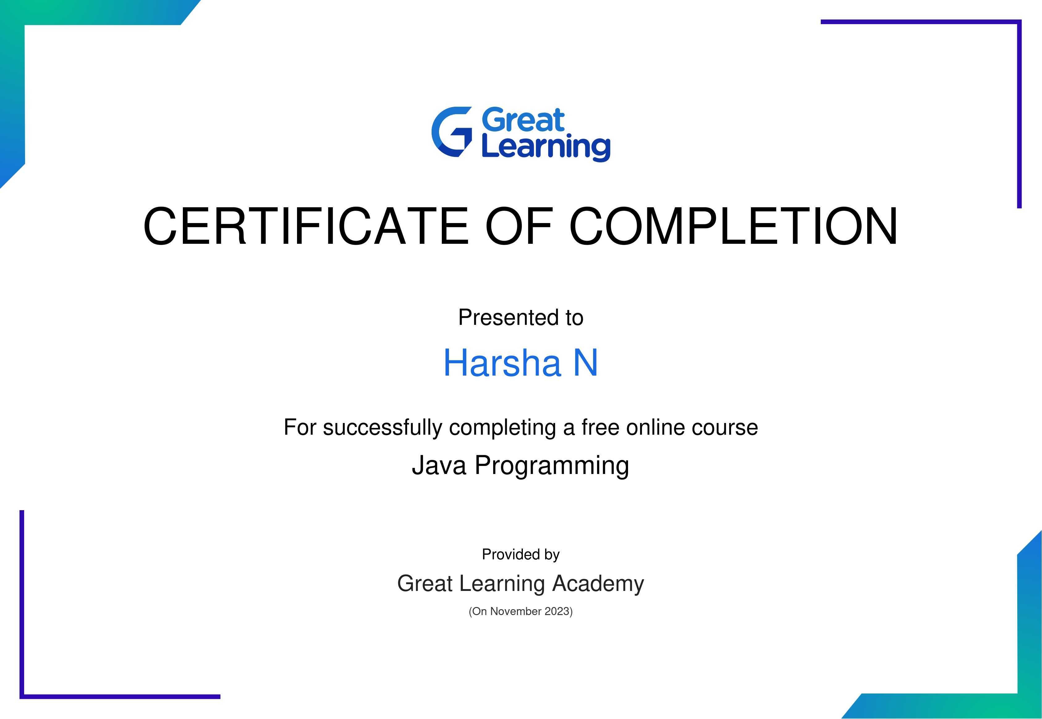 Java Course Completion Certificate